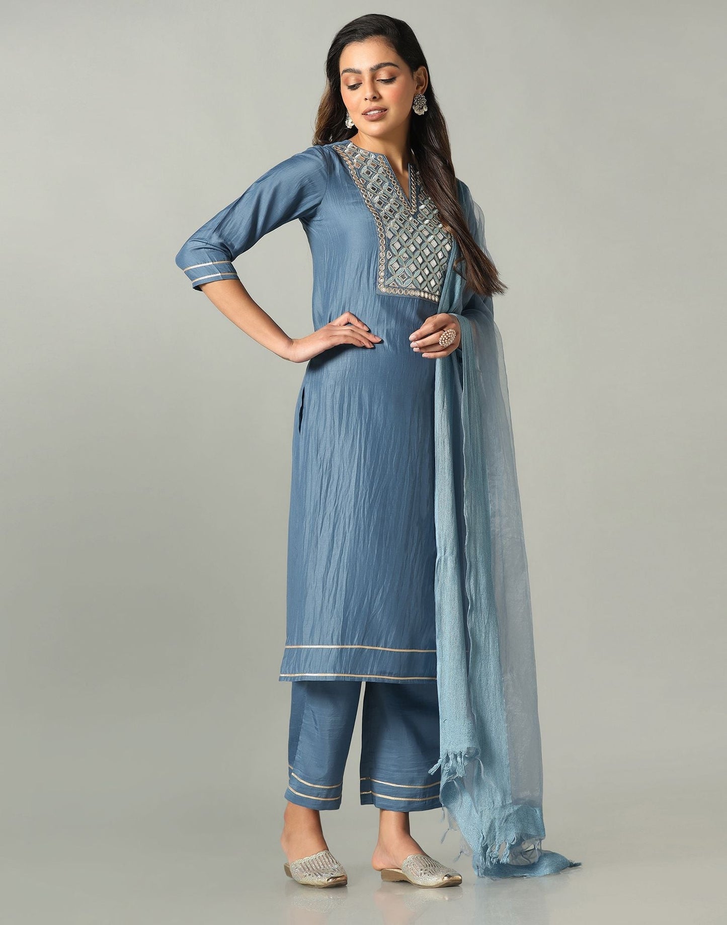 Steel Blue Kurti With Pant And Dupatta | Sudathi