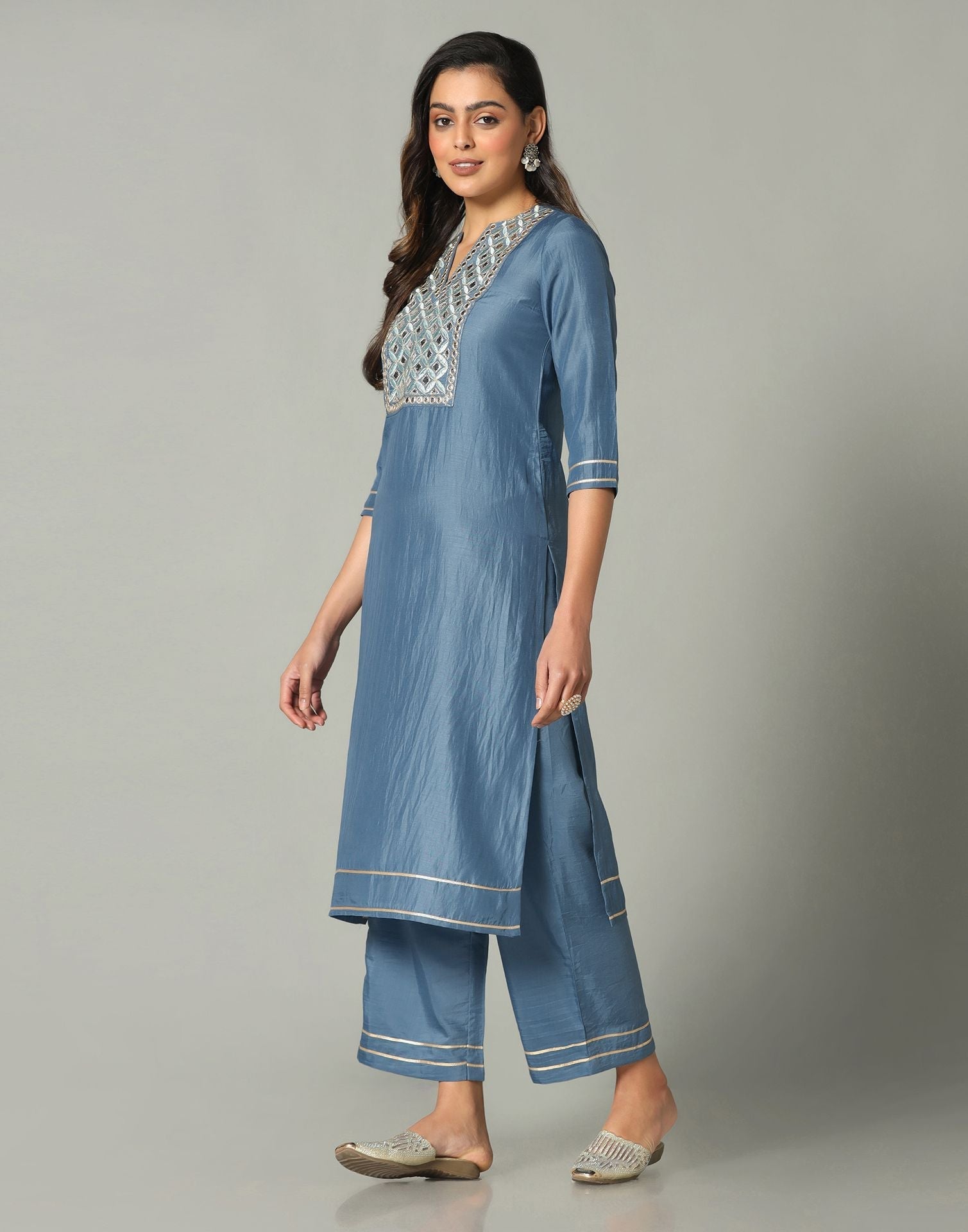 Steel Blue Kurti With Pant And Dupatta | Sudathi