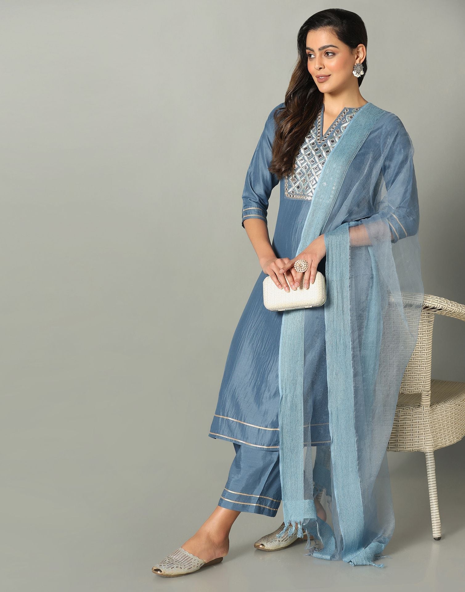 Steel Blue Kurti With Pant And Dupatta | Sudathi