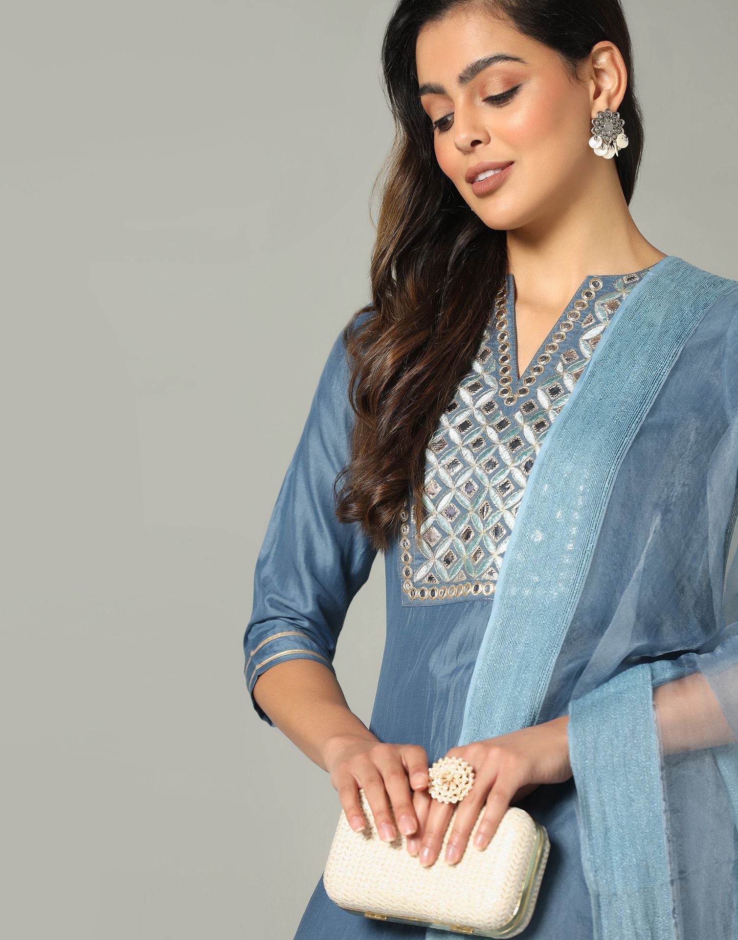 Steel Blue Kurti With Pant And Dupatta | Sudathi