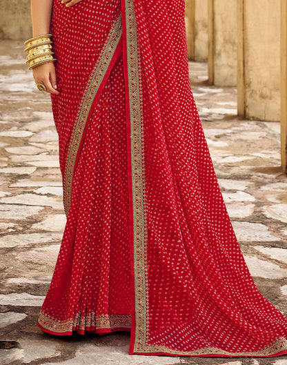 Cherry Red Bandhani Saree with Embroidery Border | Sudathi