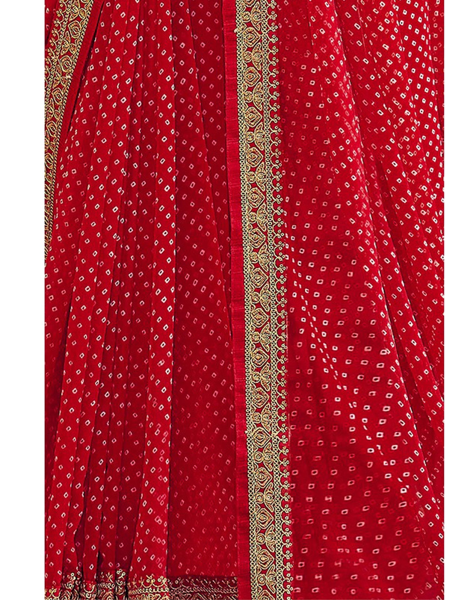 Cherry Red Bandhani Saree with Embroidery Border | Sudathi