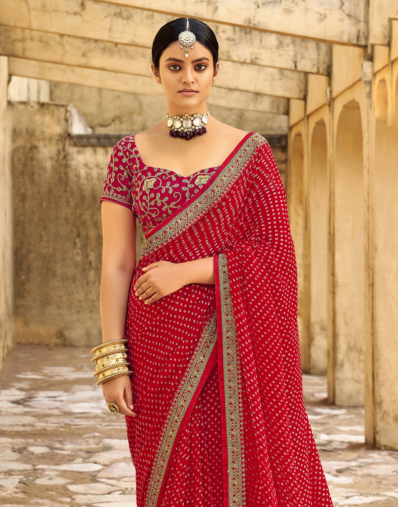 Cherry Red Bandhani Saree with Embroidery Border | Sudathi