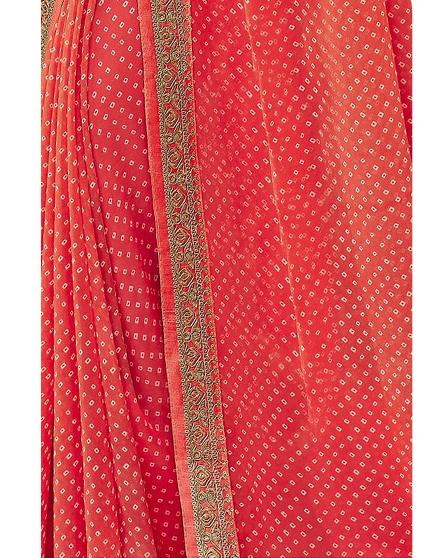 Coral Pink Bandhani Saree with Embroidery Border | Sudathi