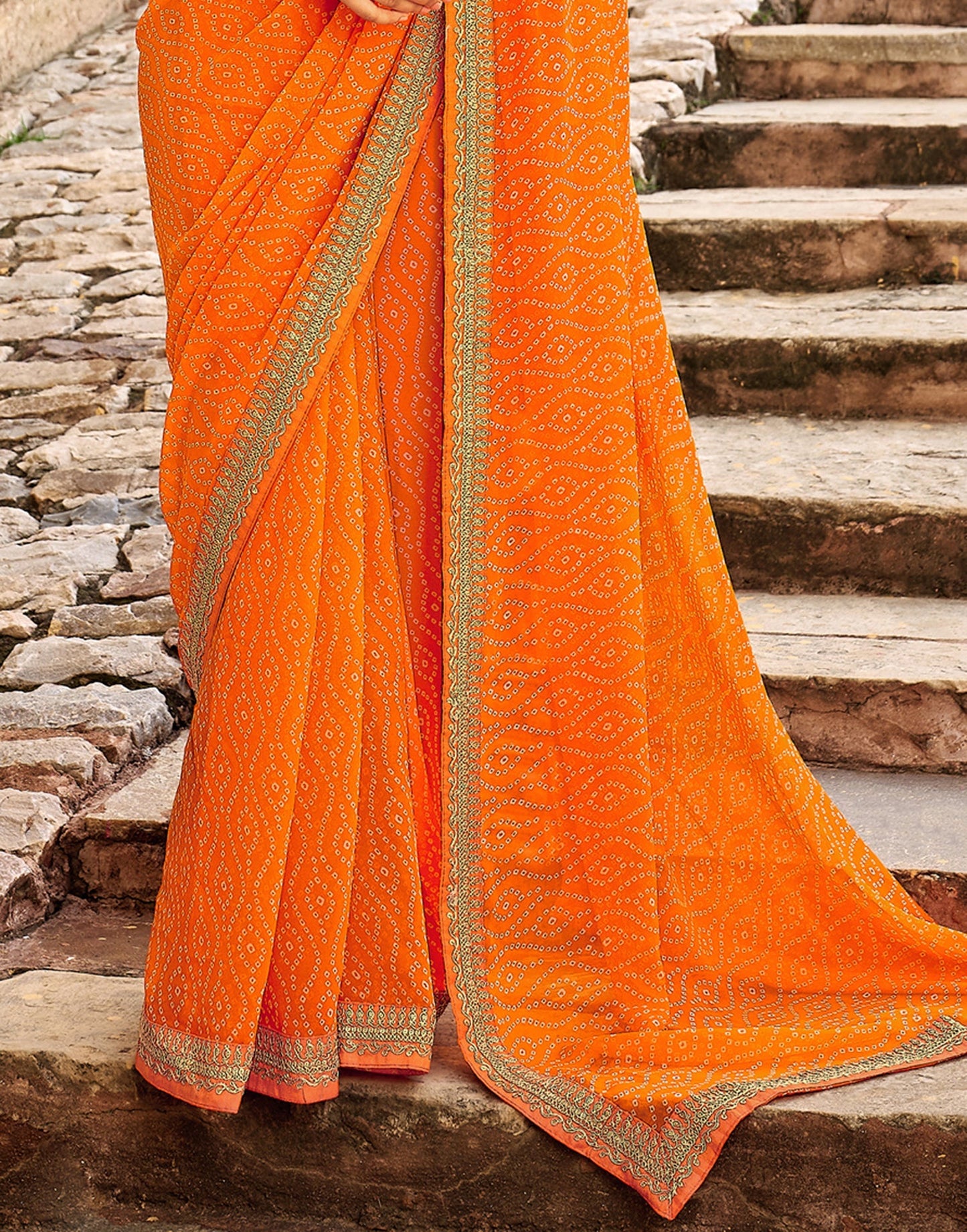 Orange Bandhani Saree with Embroidery Border | Sudathi