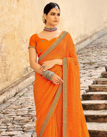 Orange Bandhani Saree with Embroidery Border | Sudathi
