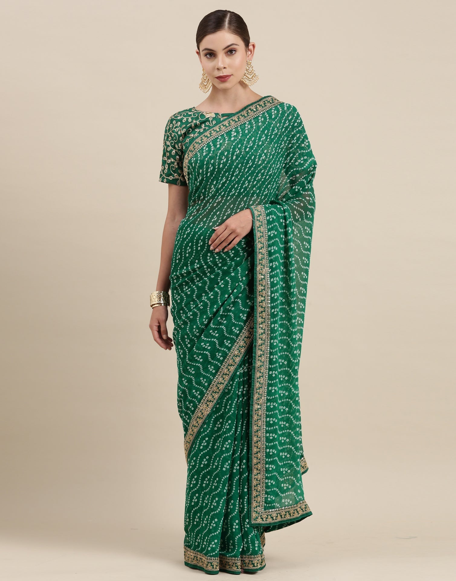 Green Bandhani Saree with Embroidery Border | Sudathi