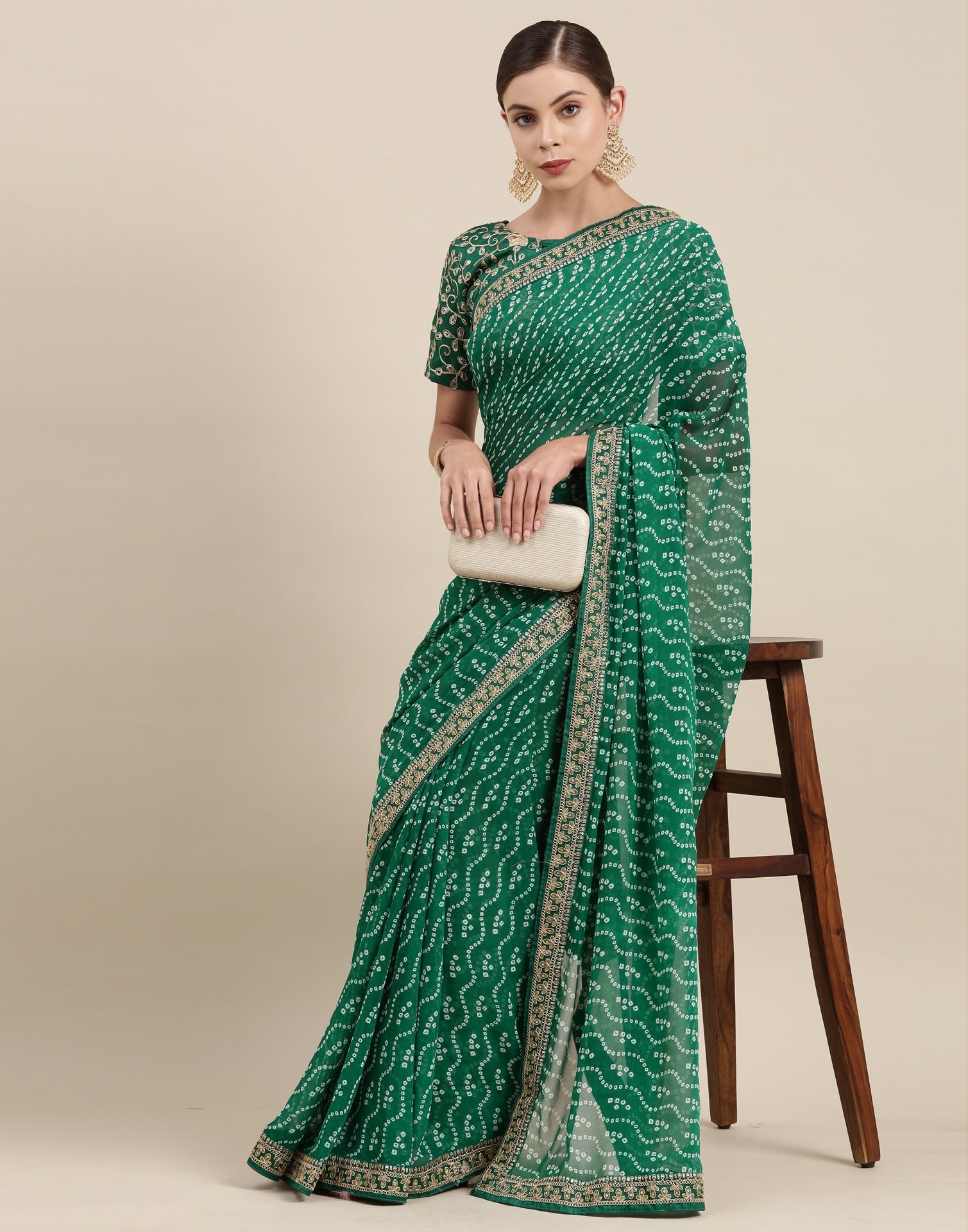Green Bandhani Saree with Embroidery Border | Sudathi