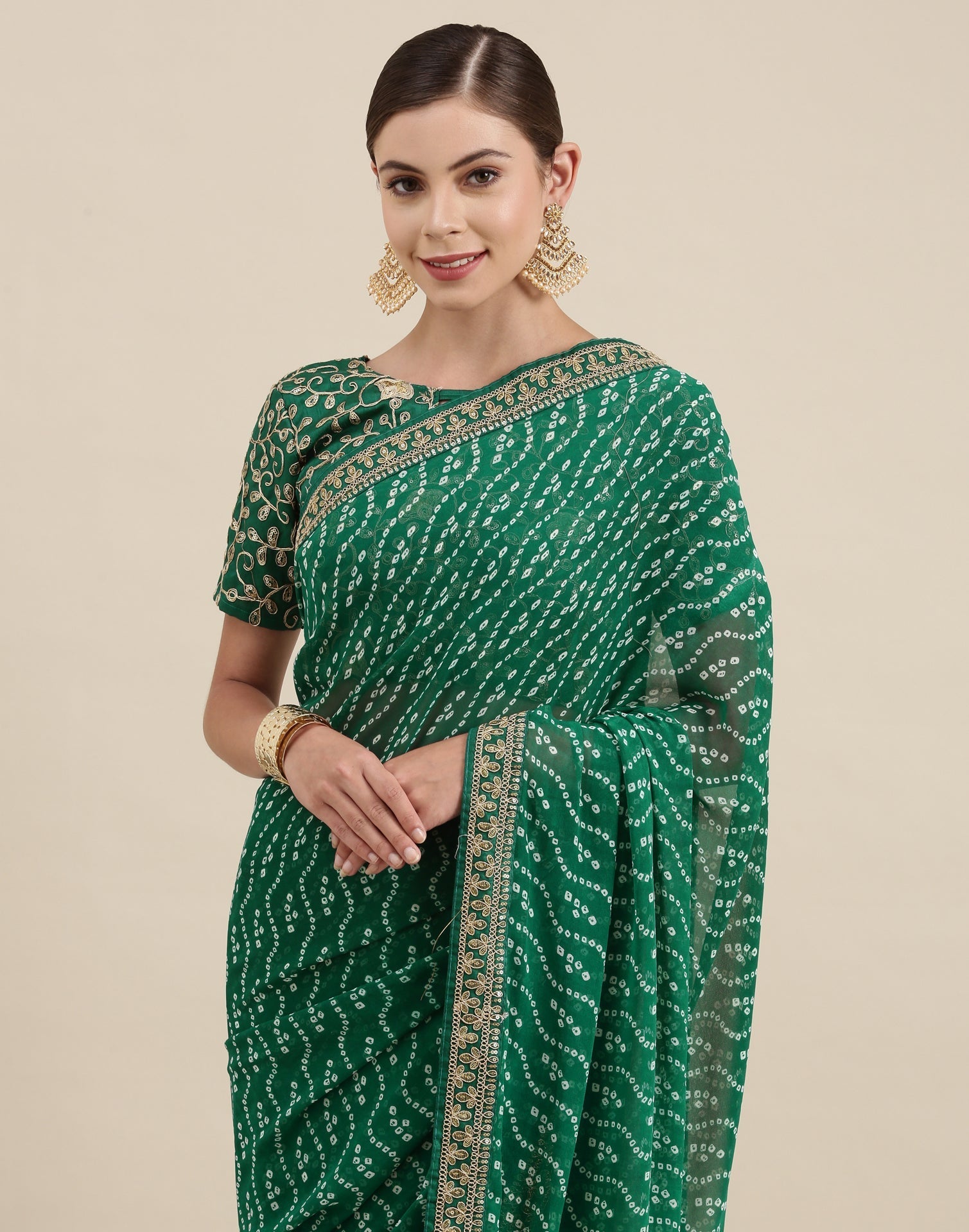 Green Bandhani Saree with Embroidery Border | Sudathi