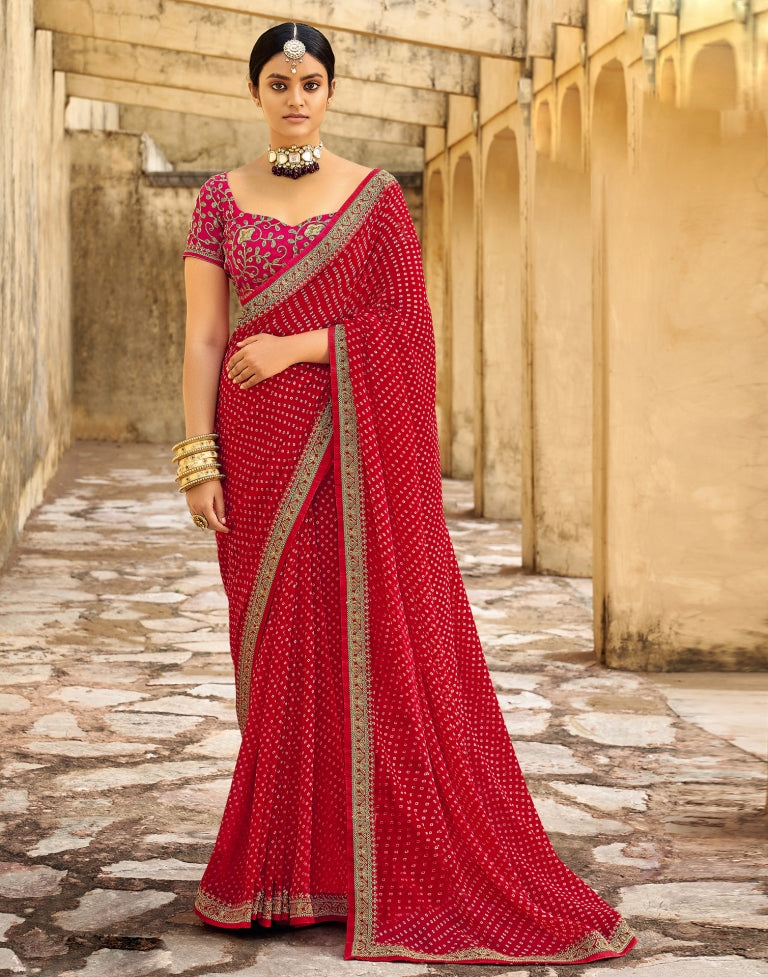 Cherry Red Bandhani Saree with Embroidery Border | Sudathi