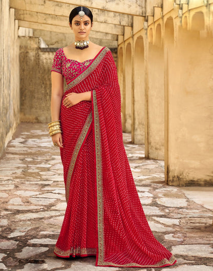 Cherry Red Bandhani Saree with Embroidery Border | Sudathi