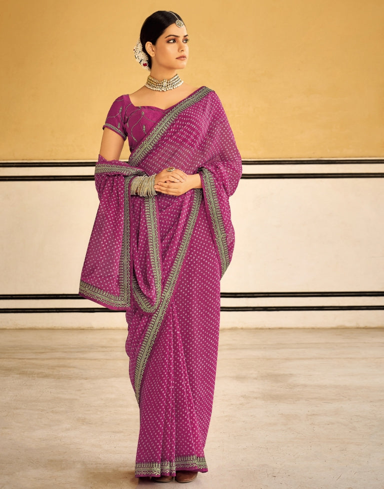 Light Purple Bandhani Saree with Embroidery Border | Sudathi