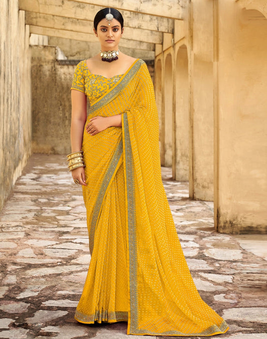 Yellow Bandhani Saree with Embroidery Border | Sudathi