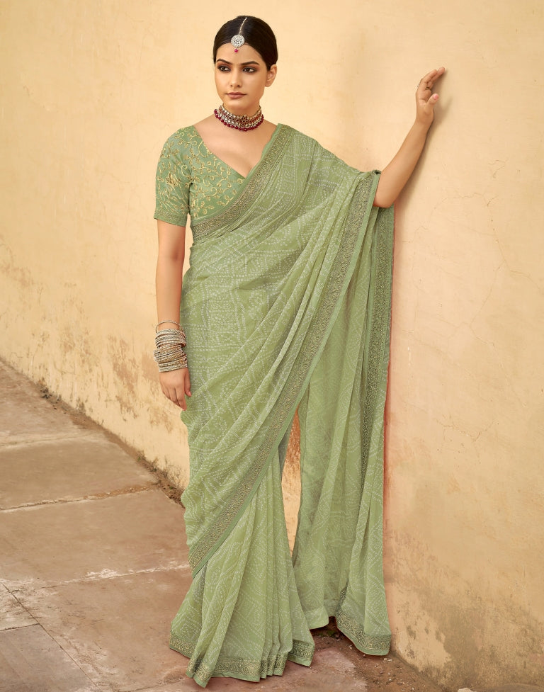 Pista Green Bandhani Saree with Embroidery Border | Sudathi