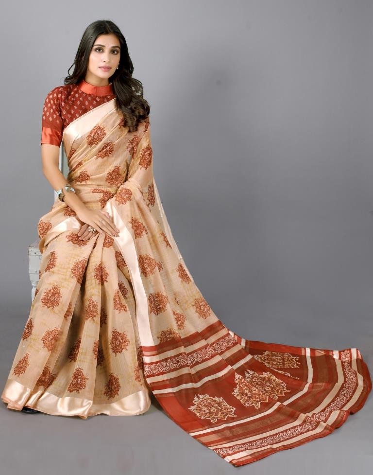 Beige Printed Cotton Saree | Sudathi