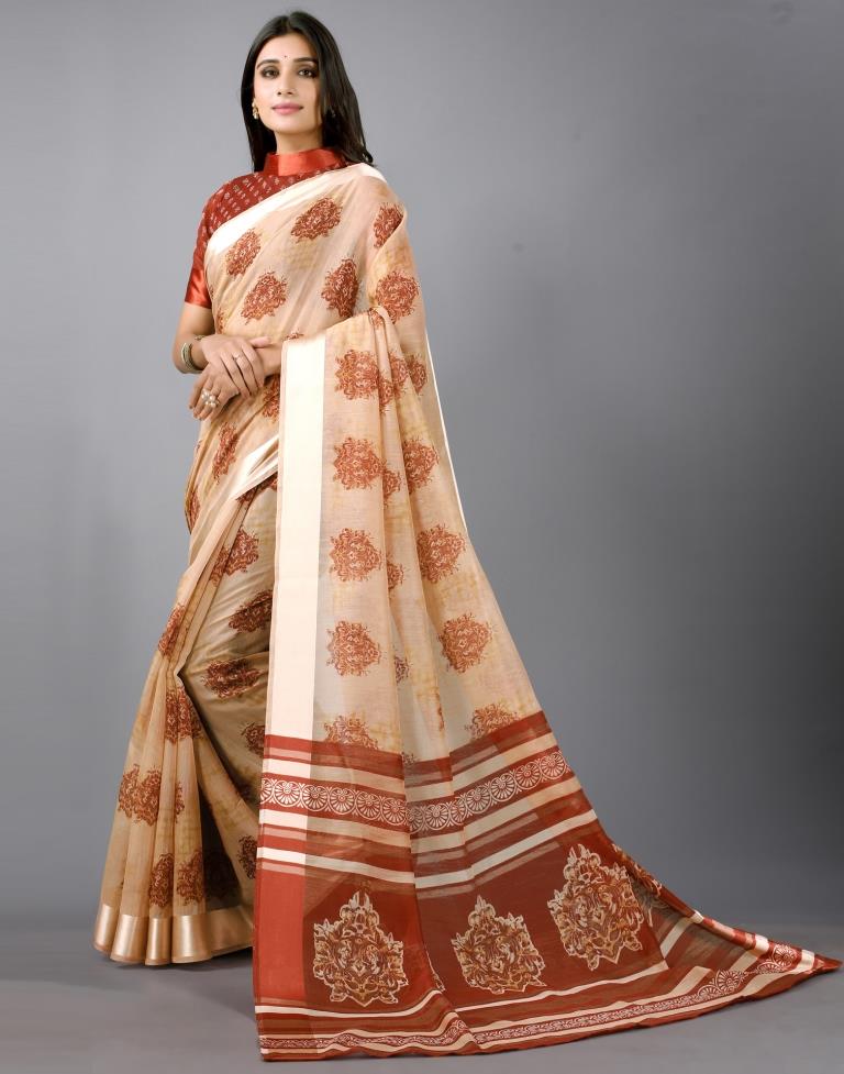 Beige Printed Cotton Saree | Sudathi