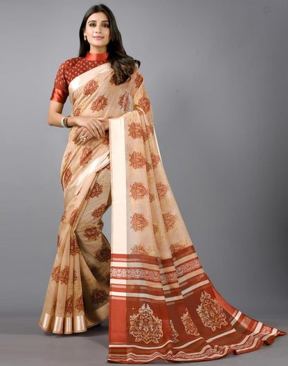 Beige Printed Cotton Saree | Sudathi