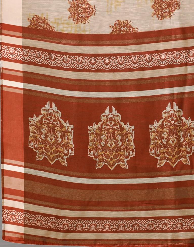 Beige Printed Cotton Saree | Sudathi