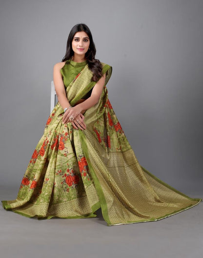 Olive Green Printed Saree | Sudathi