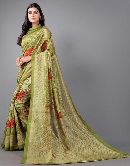 Olive Green Printed Saree | Sudathi