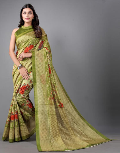 Olive Green Printed Saree | Sudathi