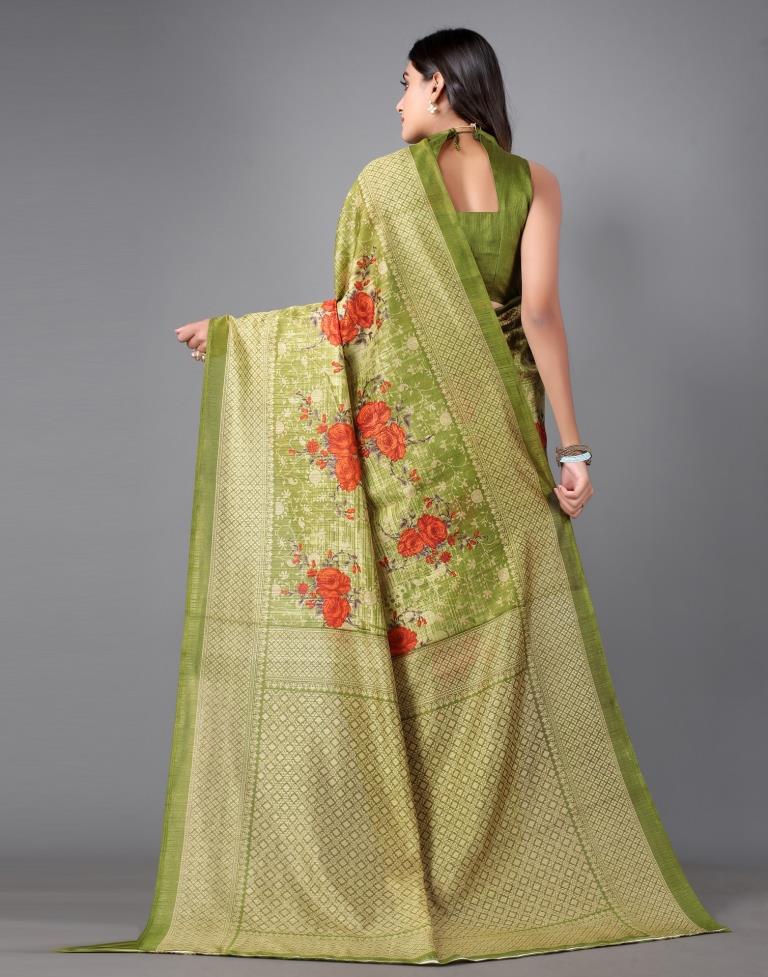Olive Green Printed Saree | Sudathi