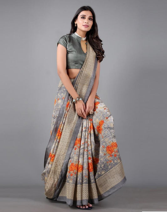 Steel Grey Printed Saree | Sudathi