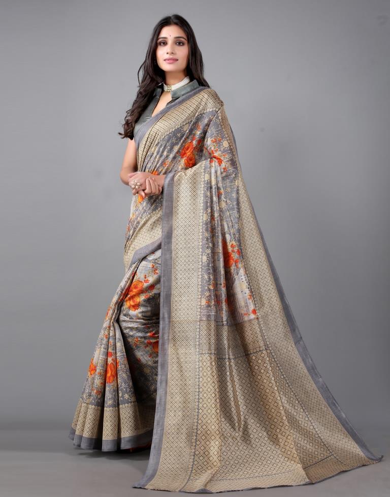 Steel Grey Printed Saree | Sudathi