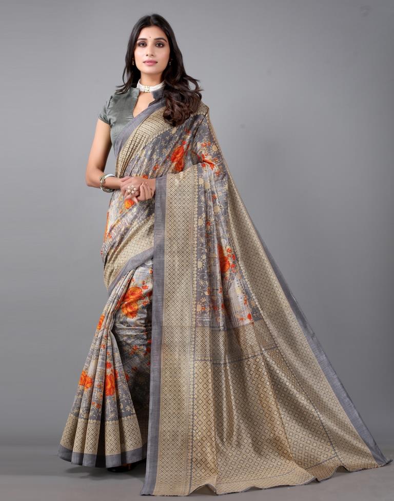 Steel Grey Printed Saree | Sudathi