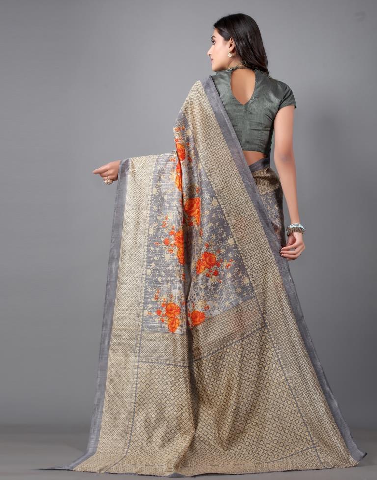 Steel Grey Printed Saree | Sudathi