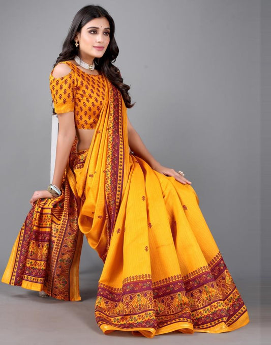 Turmeric Yellow Printed Saree | Sudathi