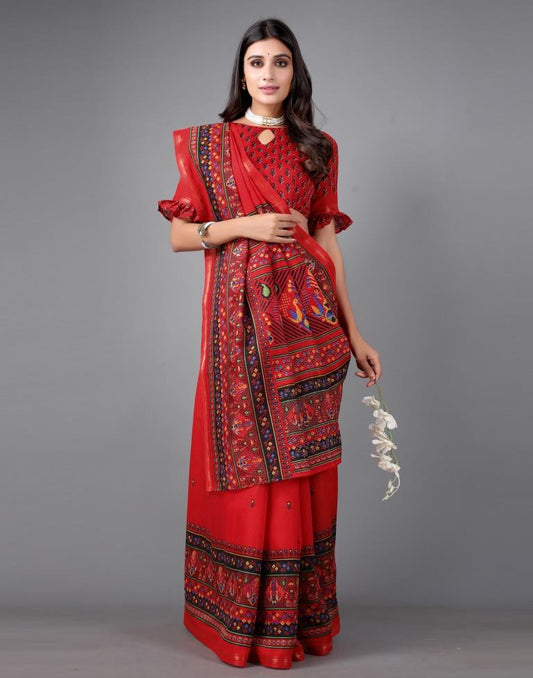 Red Printed Saree | Sudathi