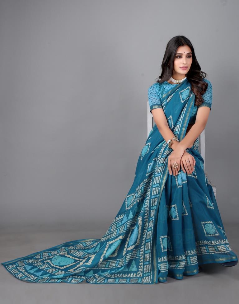 Teal Blue Cotton Saree | Sudathi