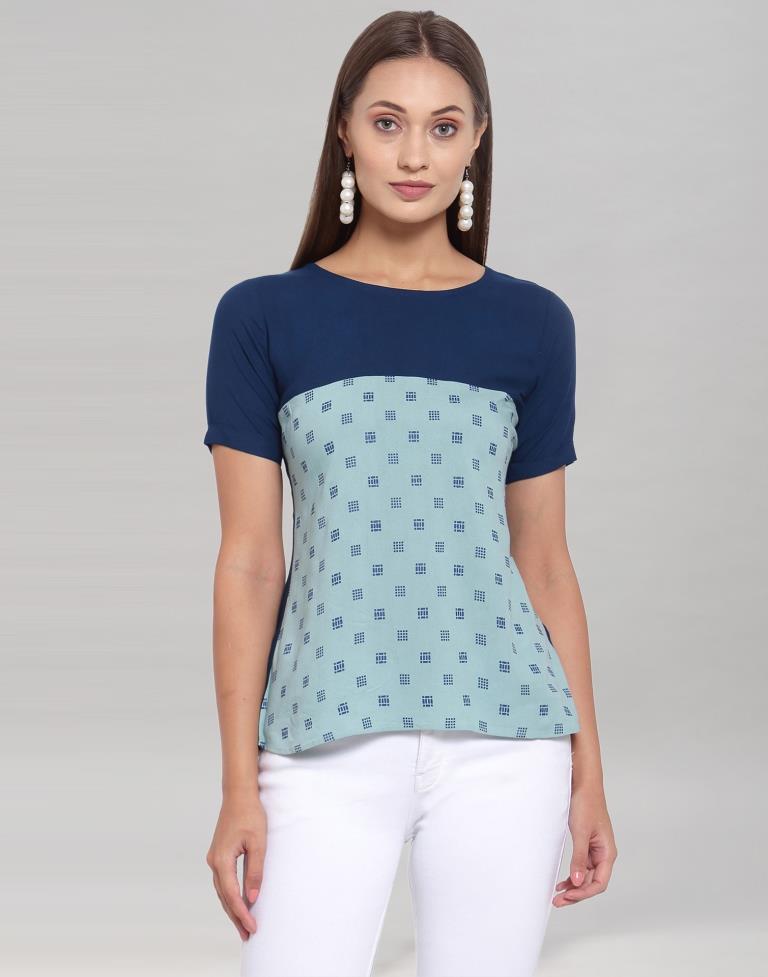 Blue Coloured Rayon Table Print Top | Sudathi