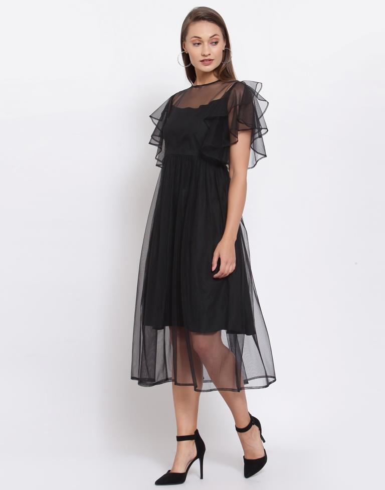 Black Net Flared sleeve Dress | Leemboodi