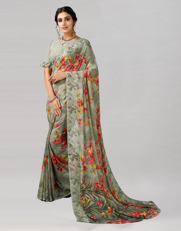 Greenish Grey Printed Georgette Saree