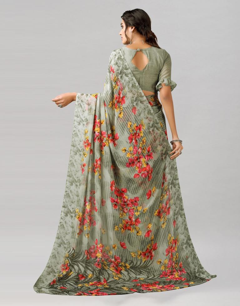 Greenish Grey Printed Georgette Saree