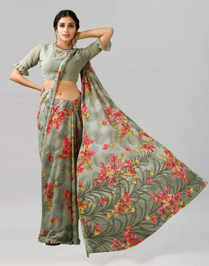 Greenish Grey Printed Georgette Saree
