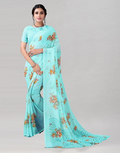 Aqua Blue Printed Georgette Saree