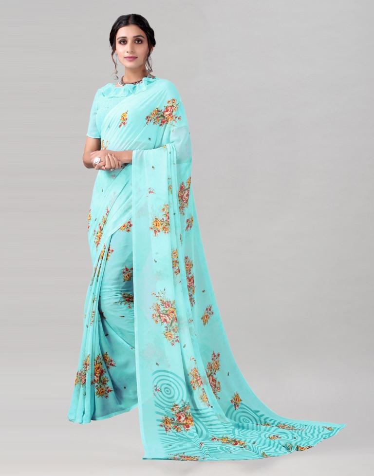 Aqua Blue Printed Georgette Saree