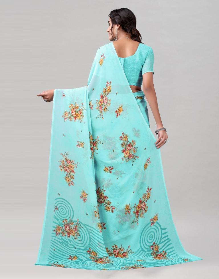 Aqua Blue Printed Georgette Saree