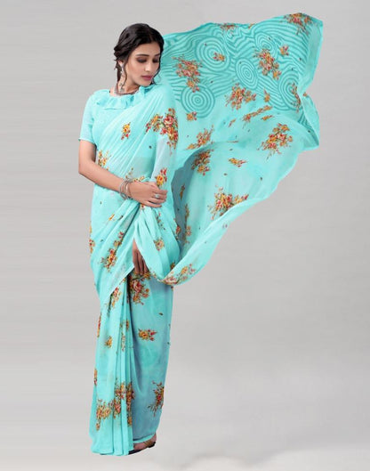 Aqua Blue Printed Georgette Saree