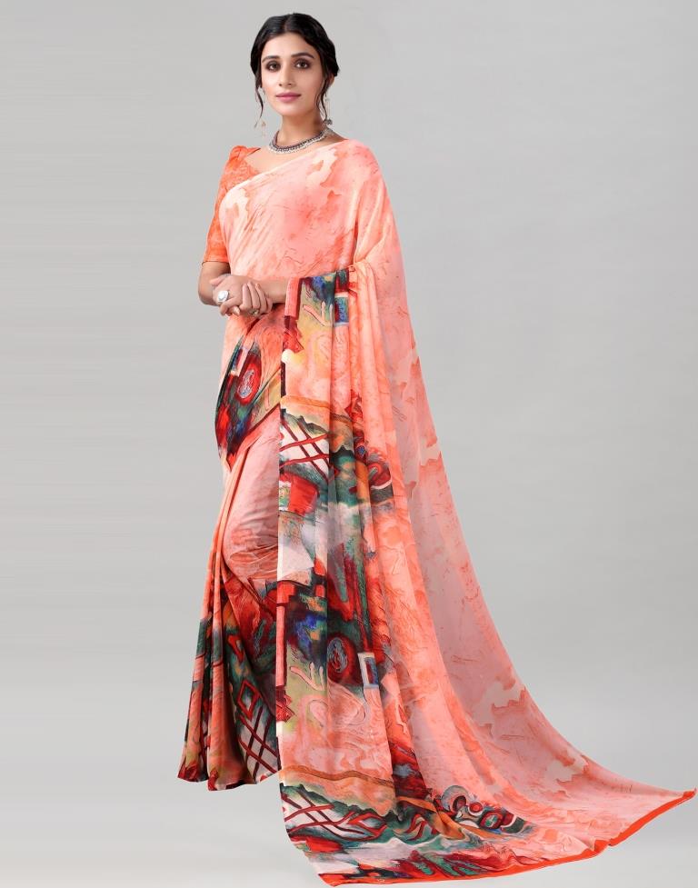 Peach Printed Georgette Saree