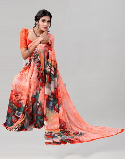 Peach Printed Georgette Saree