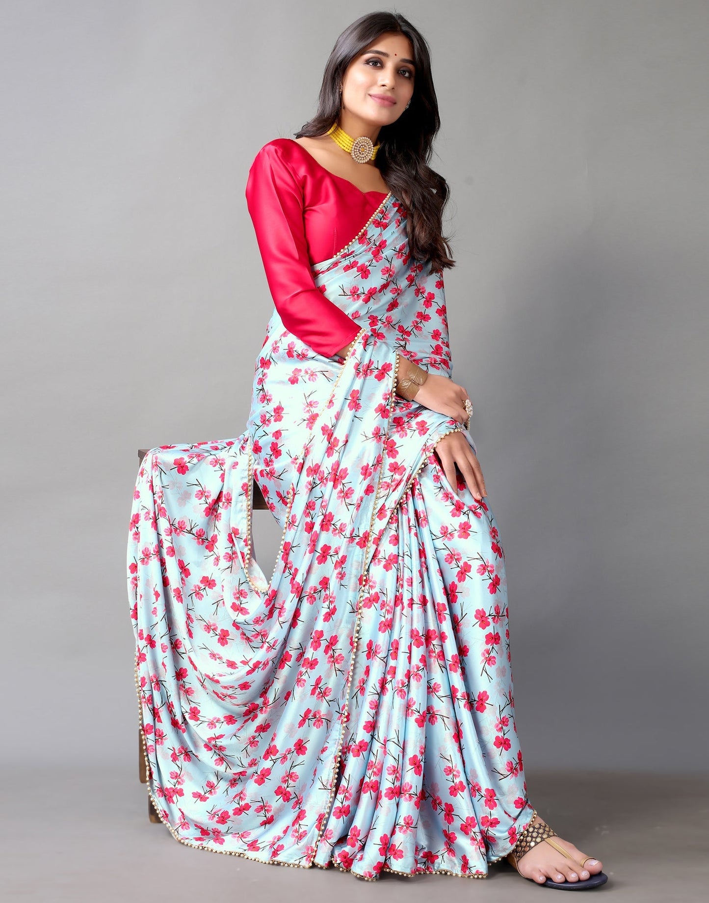 Light Blue Floral Satin Silk Saree | Sudathi