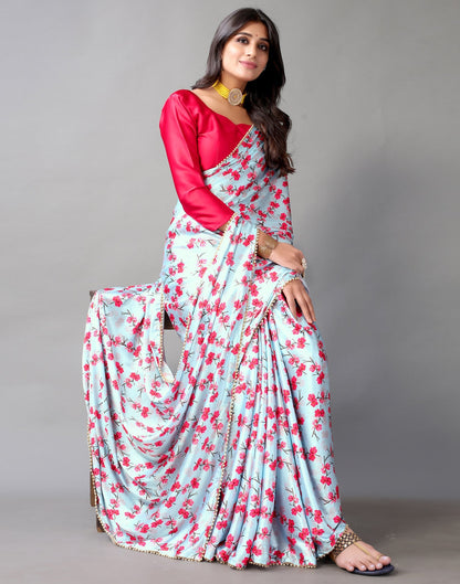 Light Blue Floral Satin Silk Saree | Sudathi