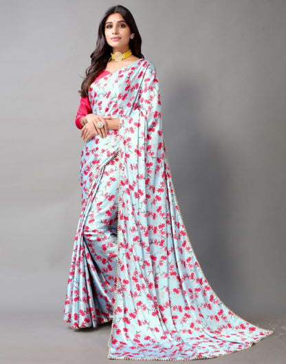 Light Blue Floral Satin Silk Saree | Sudathi