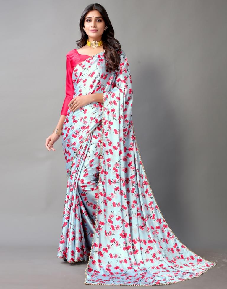 Light Blue Floral Satin Silk Saree | Sudathi
