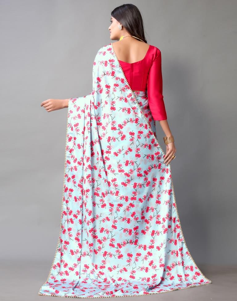 Light Blue Floral Satin Silk Saree | Sudathi