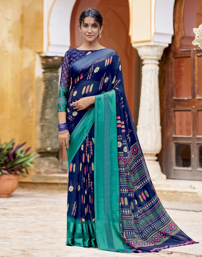 Navy Blue Printed Saree | Sudathi